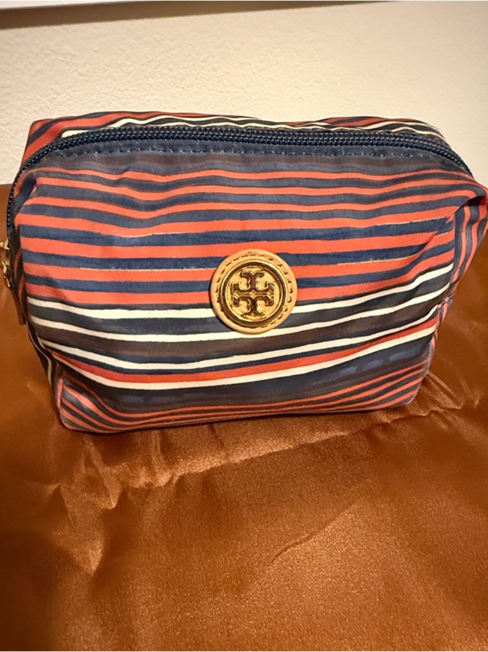 Tory Burch Striped Cosmetic Pouch in Navy, Coral and White